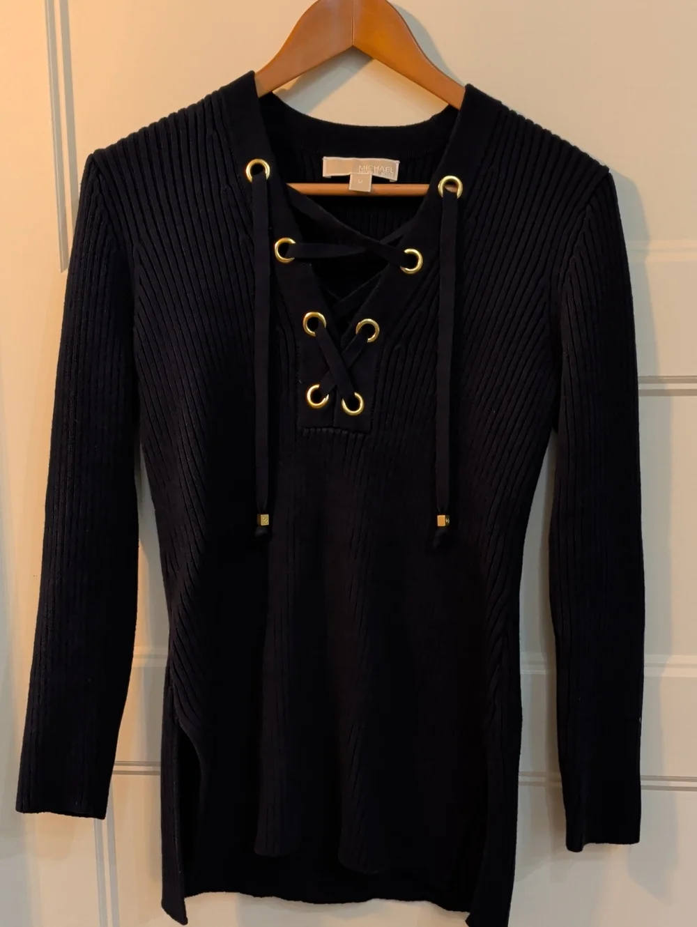 Michael Kors Navy Ribbed Lace-Up V-Neck Sweater (Medium)